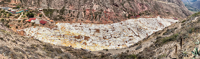 A panorama view shows the extent of the historic artisanal evaporation salt ponds at the Salineras de Maras in Peru.