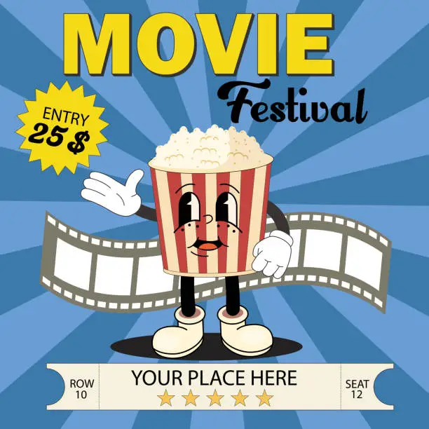 Vector illustration of Cinema movie film festival poster design background with cute popcorn character. Movie theatre screenings, video studio vector vintage banners with cinema camera on tripod, film reel and clapper.
