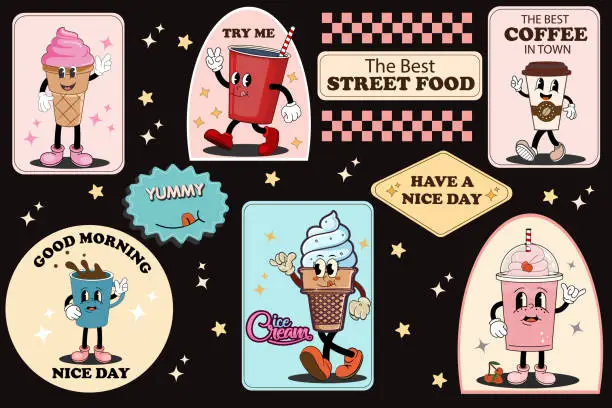 Vector illustration of Trendy sticker set with cool retro characters of fast food coffee, ice cream, milkshake. Mascot branding for cafe, takeaway, breakfast. Fresh bakery menu. Groovy funky in trendy retro cartoon style