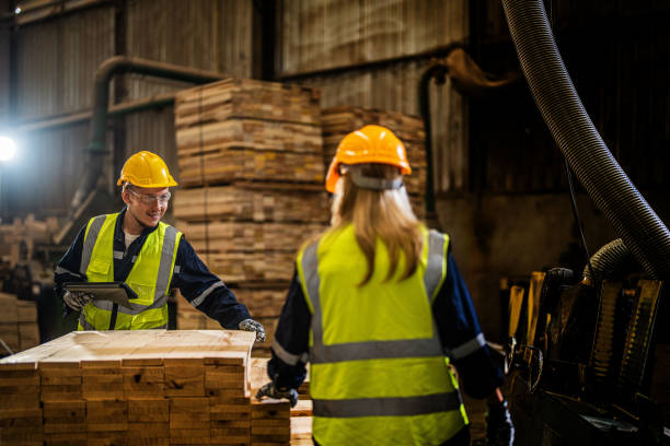 istock Team worker carpenter wearing safety uniform and hard hat working and checking the quality of wooden products at workshop manufacturing. man and woman workers wood in dark warehouse industry. 1912401185