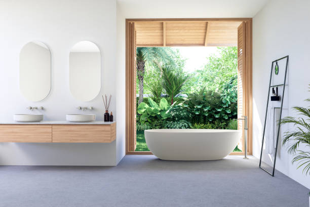 istock Modern contemporary loft style bathroom with tropical garden view 3d render 1912406404
