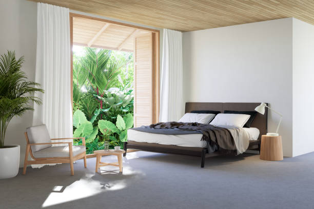 istock Modern contemporary loft style bedroom with tropical garden view 3d render 1912406407