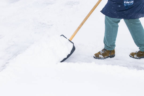 istock an unrecognizable man cleans snow with a shovel in a snowfall 1912446859