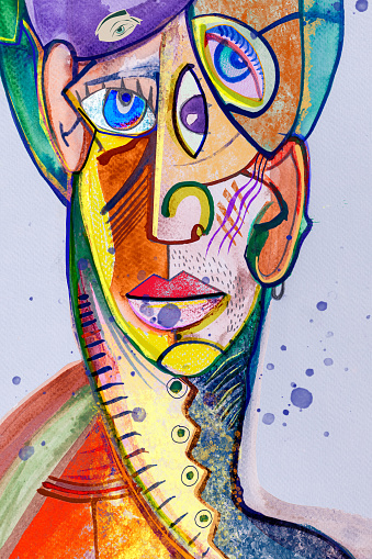 Metaverse Colorful Cubism Art. Portrait of a thinking man drawn in Abstract style