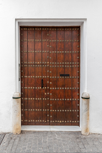 Front door with doormat plants and glass panel. White front door of a house with the word welcome printed on the brown doormat. Ornamental plants and glass panels are on each side of the door.