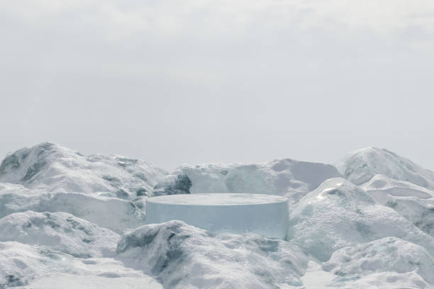 3d render platform and Natural winter background, Ice podium on the rock snow mountain for product display, advertising, mockup or etc