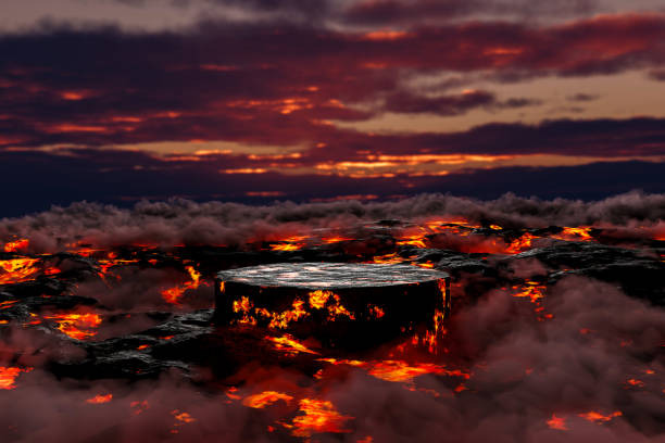 istock 3D render Platform and natural background, Stone podium on the volcano with magma, smoke and lava erupt for product stand display, Blank showcase, advertising, mockup or etc 1912526078