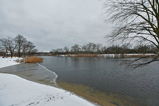 Winter landscape on the river bank. Samara is a river in Ukraine, a left tributary of the Dnieper.