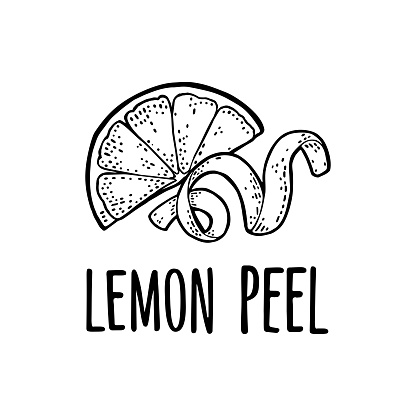 Lemon slice and peel twirled. Isolated on white background. Vector monochrome vintage engrave illustration. Hand drawn design element for label and poster
