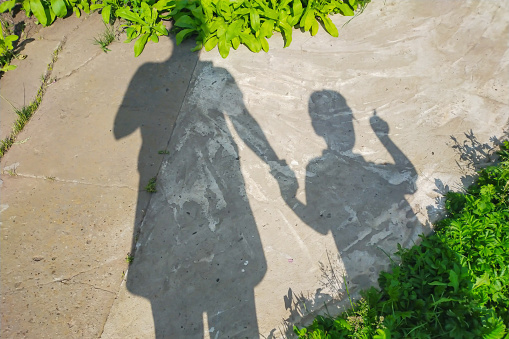 Shadows of mother with baby on cement pavement next to lawn in which son shows finger where to go and what to see.