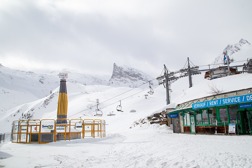 Gondola station in the fog in Hintertux on the glacier 1,500-3,250 meters. There is skiing on the Hintertux Glacier all year round, 365 days a year.