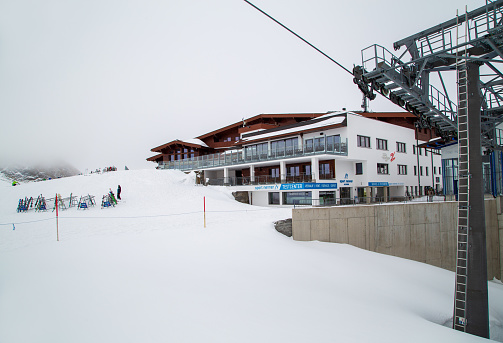 Yamagata, Japan - 7 March 2018: Scenery in the early March of Zao Onsen Ski Resort in Yamagata Prefecture of Japan.Skier skiing at Uenodai slope of main slope of Zao Onsen Ski Resort.