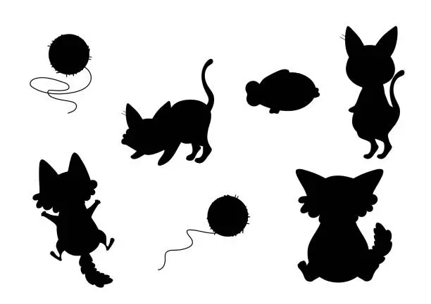 Vector illustration of set of cats silhouettes of cartoon cats in different poses , kawaii , vector