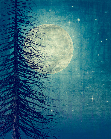 Fantasy Blue Moon, Tree Silhouette, Starry Night Sky with copy space. Elements of this image are furnished by NASA.