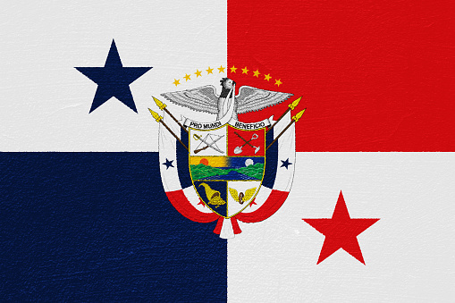 Flag and coat of arms of Republic of Panama on a textured background. Concept collage.