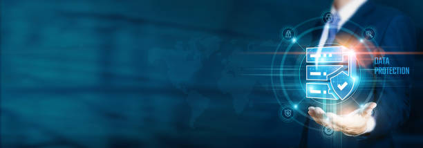 istock Businessman hand-holding data protection and security icons with a shield, lock, and network connection. Ensuring the growth of secure data handling and safeguarding business. 1912714818