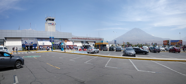 Arequipa, Peru - 4 Dec, 2023: Rodríguez Ballon International Airport, and El Misti Volcano