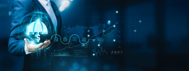 istock Businessman hand-holding insurance technology icons with a strong network connection. Fostering the growth of the insurance and technology businesses. 1912724267
