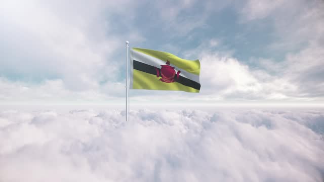 Bruneian flag rises above the clouds. The concept of liberty and patriotism, national flag waving proudly above the clouds, symbolizing freedom, independence day, celebration, freedom, patriotic, power and  freedom, Brunei Darussalam