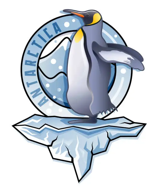 Vector illustration of Badge Logo with Antarctica King penguin standing on Iceberg illustration