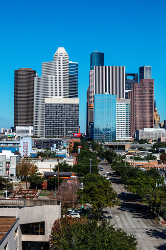 Dallas, Texas, USA downtown city skyline from above over highways.