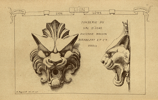 Vintage illustration Architectural lion sculture, fountain, History of architecture, decoration and design, art, French, Victorian, 19th Century