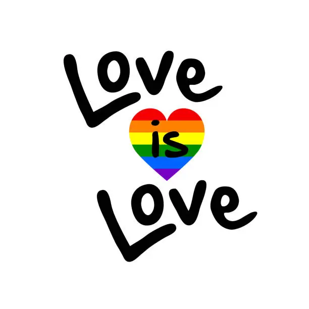 Vector illustration of Love is Love text, quote, LGBTQ Rainbow Heart