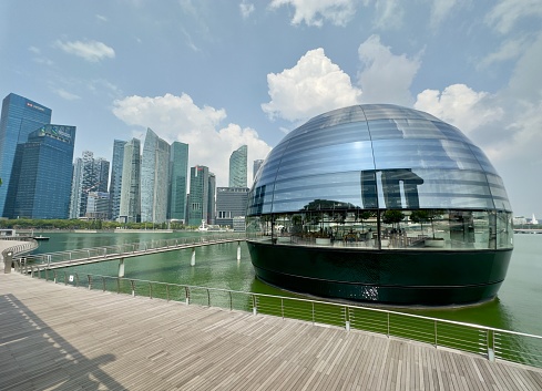 Singapore - October 9, 2023: The  Apple Store in the water at Marina Bay in Singapore.