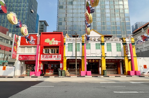 Singapore - October 10, 2023: A row of shophouses in Chinatown, Singapore.