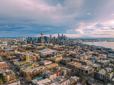 Seattle, Washington, USA downtown skyline with Mt. Rainier.