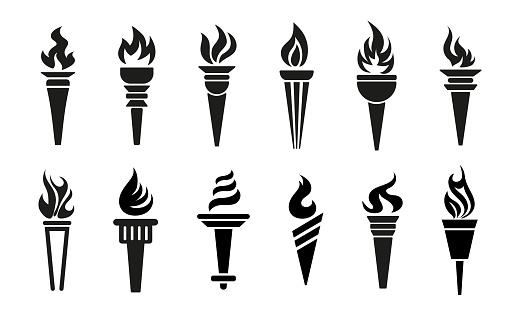 Torch vector icon set illustration design template. Symbol of victory, success or achievement. silhouettes of various medieval flaming torches.