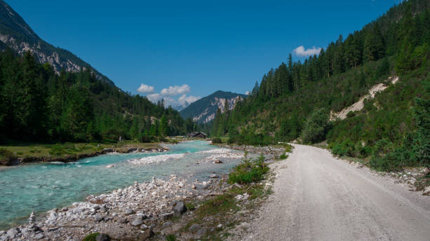 River Isar flowing through the Karwendel mountains during blue sky day in summer, Austria