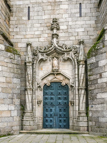 Guarda, Portugal, January 5, 2024: The Cathedral of Guarda is a Catholic Church located in the northeastern city of Guarda, Portugal. Its construction took from 1390 until the mid 16th century, combining Gothic and Manueline architectural styles.