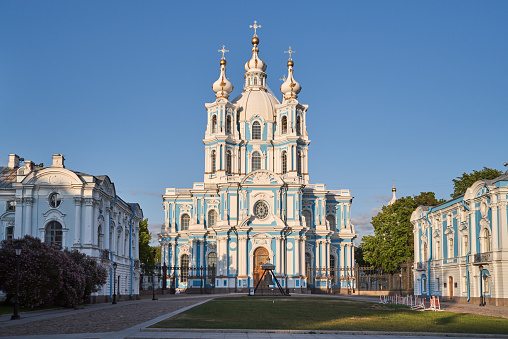 Smolny Cathedral, orthodox old church on a summer evening sunlight. Saint Petersburg. Russia.