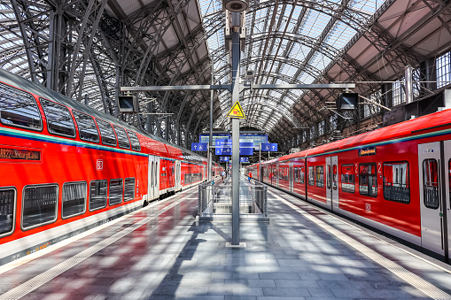 Frankfurt, Germany - July 18, 2023: Regional trains of DB Deutsche Bahn at main railway station public transport in Frankfurt, Germany.