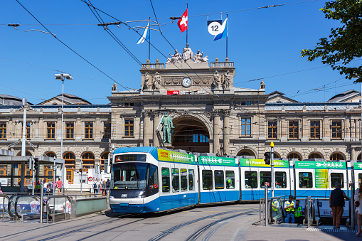 Zurich, Switzerland - August 10, 2023: Bahnhofstrasse with tram type Cobra-Tram public transport in the city of Zurich, Switzerland.