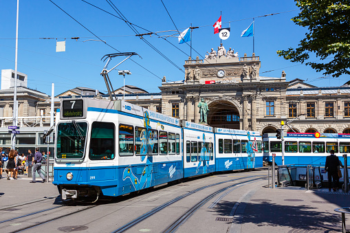 Zurich, Switzerland - August 10, 2023: Bahnhofstrasse with tram 2000 public transport in the city of Zurich, Switzerland.