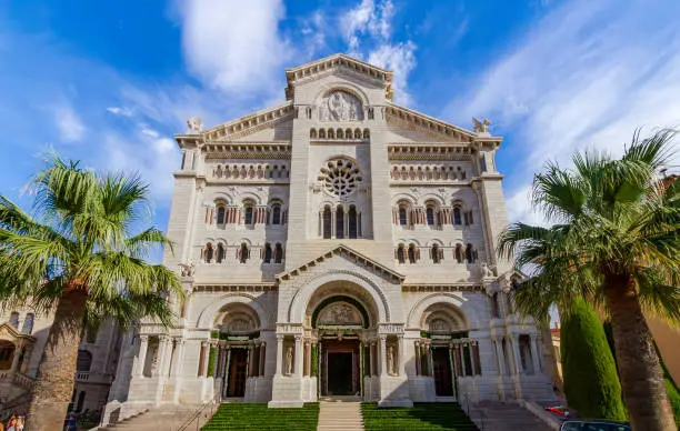 Photo of Monaco-Ville - MC - Sept. 17, 2016 Landscape view of the historic Roman-Byzantine style Cathedral of Our Lady Immaculate, but sometimes called Saint Nicholas Cathedral.