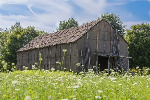 Seneca bark longhouse replica from the 17th century. Located at Ganondagan State Park in NY.