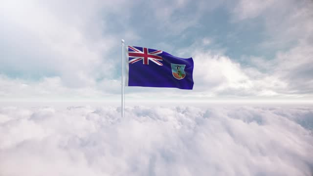 Montserrat flag rises above the clouds. The concept of liberty and patriotism, national flag waving proudly above the clouds, symbolizing freedom, independence day, celebration, freedom, patriotic, power and  freedom,