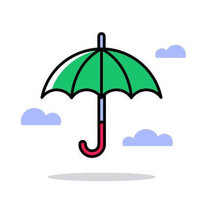 Vector illustration of a green umbrella against a white background in line art style.