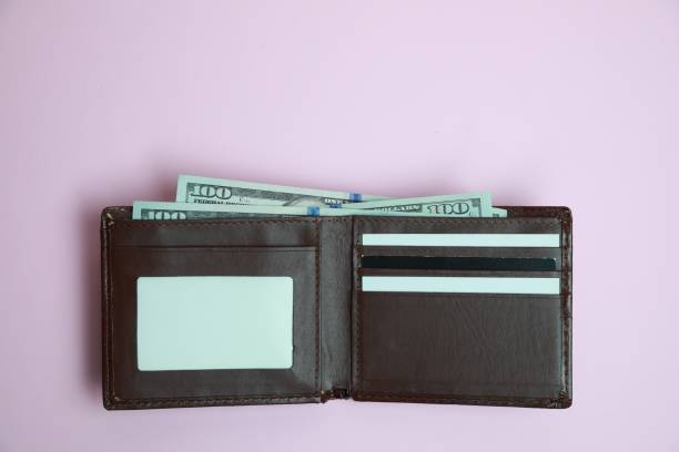 istock Stylish brown leather wallet with dollar banknotes on light background, top view. Space for text 1913165427