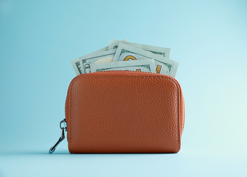 One open leather purse with money on light blue background