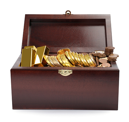 chest full of gold coins on a white background. 3d render