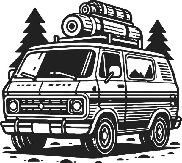 Vector illustration of Van for travel and camping in forest, white background