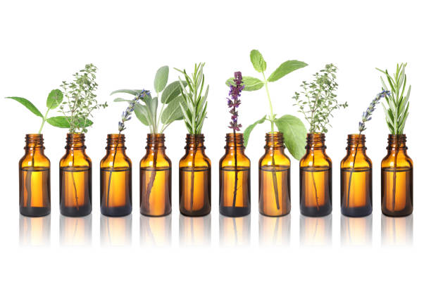 istock Set of different essential oils with herbs isolated on white 1913194765