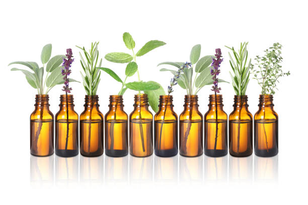 istock Set of different essential oils with herbs isolated on white 1913194767