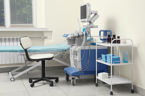 Ultrasound machine, chair, medical trolley and examination table in hospital