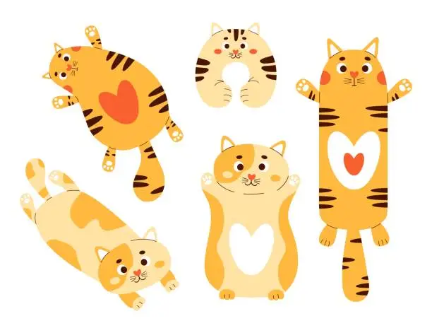 Vector illustration of Collection big cats plush toys. Soft large anti-stress cuddly oversized pillow toy. Comfortable cute animal to sleep and play. Isolated vector illustrations in flat style.