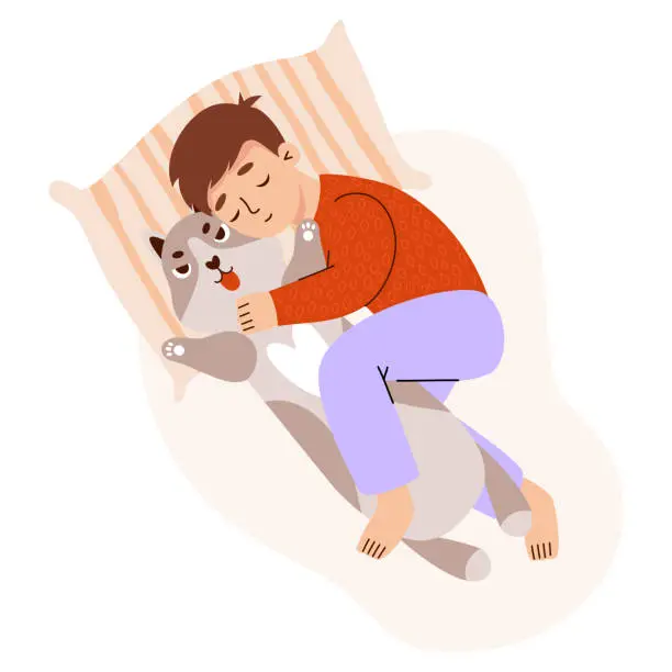 Vector illustration of Sleeping boy with long plush husky dog toy. Large cuddly animal toy pillow. Time relax. Cute male character in flat style. Vector illustration.